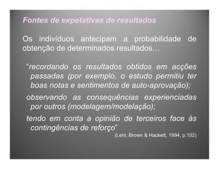 Fontes de expetativas de resultados
Os indivíduos antecipam a probabilidade de
obtenção de determinados resultados…
“recordando os resultados obtidos em acções
passadas (por exemplo, o estudo permitiu ter
boas notas e sentimentos de auto-aprovação);
observando as consequências experienciadas
por outros (modelagem/modelação);
tendo em conta a opinião de terceiros face às
contingências de reforço”
(Lent, Brown & Hackett, 1994, p.102)
 