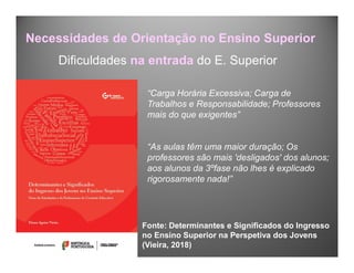 Dificuldades na entrada do E. Superior
Necessidades de Orientação no Ensino Superior
“Carga Horária Excessiva; Carga de
Trabalhos e Responsabilidade; Professores
mais do que exigentes”
“As aulas têm uma maior duração; Os
professores são mais 'desligados' dos alunos;
aos alunos da 3ºfase não lhes é explicado
rigorosamente nada!”
Fonte: Determinantes e Significados do Ingresso
no Ensino Superior na Perspetiva dos Jovens
(Vieira, 2018)
 