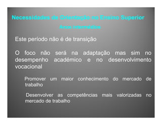 Necessidades de Orientação no Ensino Superior
Anos intermédios
Este período não é de transição
O foco não será na adaptação mas sim no
desempenho académico e no desenvolvimento
vocacional
Promover um maior conhecimento do mercado de
trabalho
Desenvolver as competências mais valorizadas no
mercado de trabalho
 