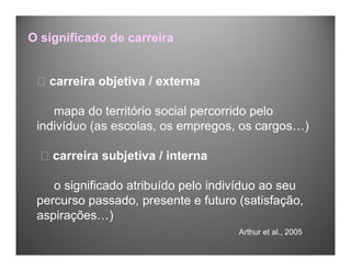  carreira objetiva / externa
mapa do território social percorrido pelo
indivíduo (as escolas, os empregos, os cargos…)
 carreira subjetiva / interna
o significado atribuído pelo indivíduo ao seu
percurso passado, presente e futuro (satisfação,
aspirações…)
O significado de carreira
Arthur et al., 2005
 