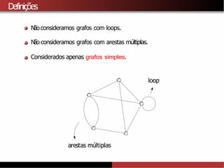 Definições
Não consideramos grafos com loops.
Não consideramos grafos com arestas múltiplas.
Considerados apenas grafos simples.
loop
arestas múltiplas
 