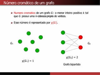 Número cromático de um grafo
Numero cromatico de um grafo G: o menor inteiro positivo k tal
que G possui uma k-coloracaopropria de vertices.
Esse número é representado por χ(G).
G1 G2
χ(G1) = 1
χ(G2) = 2
Grafo bipartido
 