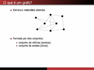 O que é um grafo?
Estrutura matemática abstrata.
Formada por dois conjuntos:
conjunto de vértices (pontos);
conjunto de arestas (arcos).
 