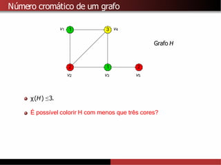 Número cromático de um grafo
1
1
2
2
3
v1
v2 v3
v4
v5
Grafo H
χ(H) ≤3.
É possı
́ vel colorir H com menos que três cores?
 