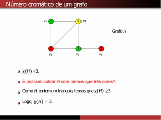Número cromático de um grafo
1
1
2
2
3
v1
v2 v3
v4
v5
Grafo H
χ(H) ≤3.
É possı
́ vel colorir H com menos que três cores?
Como H contemum triangulo,temos que χ(H) ≥3.
Logo, χ(H) = 3.
 