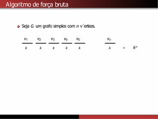 Algoritmo de força bruta
Seja G um grafo simples com n v´ertices.
kn
v1 v2 v3 v4 v5 vn
k k k k k k =
 