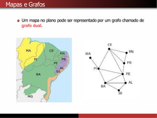 Mapas e Grafos
Um mapa no plano pode ser representado por um grafo chamado de
grafo dual.
 