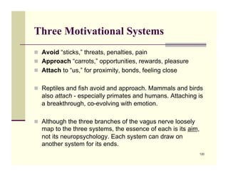 Three Motivational Systems
!! Avoid “sticks,” threats, penalties, pain
!! Approach “carrots,” opportunities, rewards, pleasure
!! Attach to “us,” for proximity, bonds, feeling close


!! Reptiles and fish avoid and approach. Mammals and birds
  also attach - especially primates and humans. Attaching is
  a breakthrough, co-evolving with emotion.

!! Although the three branches of the vagus nerve loosely
  map to the three systems, the essence of each is its aim,
  not its neuropsychology. Each system can draw on
  another system for its ends.
                                                              120
 
