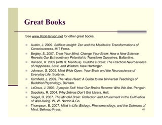 Great Books
See www.RickHanson.net for other great books.

!! Austin, J. 2009. Selfless Insight: Zen and the Meditative Transformations of
     Consciousness. MIT Press.
!!   Begley. S. 2007. Train Your Mind, Change Your Brain: How a New Science
     Reveals Our Extraordinary Potential to Transform Ourselves. Ballantine.
!!   Hanson, R. 2009 (with R. Mendius). Buddha’s Brain: The Practical Neuroscience
     of Happiness, Love, and Wisdom. New Harbinger.
!!   Johnson, S. 2005. Mind Wide Open: Your Brain and the Neuroscience of
     Everyday Life. Scribner.
!!   Kornfield, J. 2009. The Wise Heart: A Guide to the Uiniversal Teachings of
     Buddhist Psychology. Bantam.
!!   LeDoux, J. 2003. Synaptic Self: How Our Brains Become Who We Are. Penguin
!!   Sapolsky, R. 2004. Why Zebras Don’t Get Ulcers. Holt.
!!   Siegel, D. 2007. The Mindful Brain: Reflection and Attunement in the Cultivation
     of Well-Being. W. W. Norton & Co.
!!   Thompson, E. 2007. Mind in Life: Biology, Phenomenology, and the Sciences of
     Mind. Belknap Press.                                                          130
 