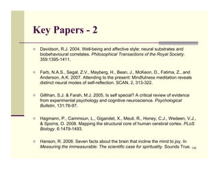 Key Papers - 2
!! Davidson, R.J. 2004. Well-being and affective style: neural substrates and
   biobehavioural correlates. Philosophical Transactions of the Royal Society.
   359:1395-1411.

!! Farb, N.A.S., Segal, Z.V., Mayberg, H., Bean, J., McKeon, D., Fatima, Z., and
   Anderson, A.K. 2007. Attending to the present: Mindfulness meditation reveals
   distinct neural modes of self-reflection. SCAN, 2, 313-322.

!! Gillihan, S.J. & Farah, M.J. 2005. Is self special? A critical review of evidence
   from experimental psychology and cognitive neuroscience. Psychological
   Bulletin, 131:76-97.

!! Hagmann, P., Cammoun, L., Gigandet, X., Meuli, R., Honey, C.J., Wedeen, V.J.,
   & Sporns, O. 2008. Mapping the structural core of human cerebral cortex. PLoS
   Biology. 6:1479-1493.

!! Hanson, R. 2008. Seven facts about the brain that incline the mind to joy. In
   Measuring the immeasurable: The scientific case for spirituality. Sounds True. 132
 