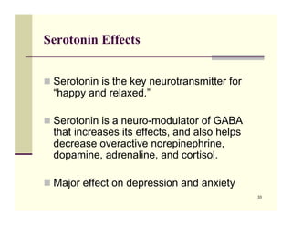 Serotonin Effects


!! Serotonin is the key neurotransmitter for
  “happy and relaxed.”

!! Serotonin is a neuro-modulator of GABA
  that increases its effects, and also helps
  decrease overactive norepinephrine,
  dopamine, adrenaline, and cortisol.

!! Major effect on depression and anxiety
                                               33
 
