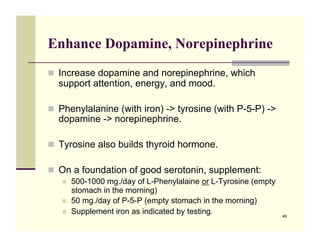 Enhance Dopamine, Norepinephrine
!! Increase dopamine and norepinephrine, which
  support attention, energy, and mood.

!! Phenylalanine (with iron) -> tyrosine (with P-5-P) ->
  dopamine -> norepinephrine.

!! Tyrosine also builds thyroid hormone.

!! On a foundation of good serotonin, supplement:
   !!   500-1000 mg./day of L-Phenylalaine or L-Tyrosine (empty
        stomach in the morning)
   !!   50 mg./day of P-5-P (empty stomach in the morning)
   !!   Supplement iron as indicated by testing.                  49
 