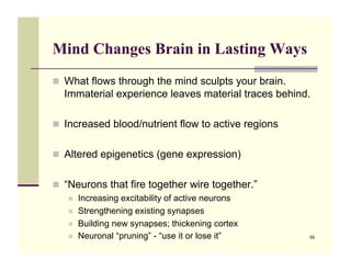 Mind Changes Brain in Lasting Ways
!! What flows through the mind sculpts your brain.
  Immaterial experience leaves material traces behind.

!! Increased blood/nutrient flow to active regions


!! Altered epigenetics (gene expression)


!! “Neurons that fire together wire together.”
   !!   Increasing excitability of active neurons
   !!   Strengthening existing synapses
   !!   Building new synapses; thickening cortex
   !!   Neuronal “pruning” - “use it or lose it”     59
 