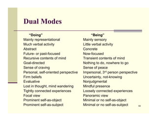 Dual Modes
    “Doing”                                 “Being”
Mainly representational               Mainly sensory
Much verbal activity                  Little verbal activity
Abstract                              Concrete
Future- or past-focused               Now-focused
Recursive contents of mind            Transient contents of mind
Goal-directed                         Nothing to do, nowhere to go
Sense of craving                      Sense of peace
Personal, self-oriented perspective   Impersonal, 3rd person perspective
Firm beliefs                          Uncertainty, not-knowing
Evaluative                            Nonjudgmental
Lost in thought, mind wandering       Mindful presence
Tightly connected experiences         Loosely connected experiences
Focal view                            Panoramic view
Prominent self-as-object              Minimal or no self-as-object
Prominent self-as-subject             Minimal or no self-as-subject        64
 