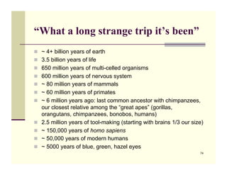 “What a long strange trip it’s been”
!! ~ 4+ billion years of earth
!! 3.5 billion years of life
!! 650 million years of multi-celled organisms
!! 600 million years of nervous system
!! ~ 80 million years of mammals
!! ~ 60 million years of primates
!! ~ 6 million years ago: last common ancestor with chimpanzees,
     our closest relative among the “great apes” (gorillas,
     orangutans, chimpanzees, bonobos, humans)
!!   2.5 million years of tool-making (starting with brains 1/3 our size)
!!   ~ 150,000 years of homo sapiens
!!   ~ 50,000 years of modern humans
!!   ~ 5000 years of blue, green, hazel eyes
                                                                       74
 