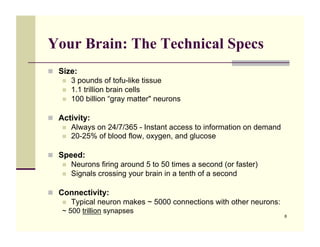 Your Brain: The Technical Specs
!! Size:
    !!   3 pounds of tofu-like tissue
    !!   1.1 trillion brain cells
    !!   100 billion “gray matter" neurons

!! Activity:
    !!   Always on 24/7/365 - Instant access to information on demand
    !!   20-25% of blood flow, oxygen, and glucose

!! Speed:
    !!   Neurons firing around 5 to 50 times a second (or faster)
    !!   Signals crossing your brain in a tenth of a second

!! Connectivity:
    !!   Typical neuron makes ~ 5000 connections with other neurons:
    ~ 500 trillion synapses
                                                                        8
 