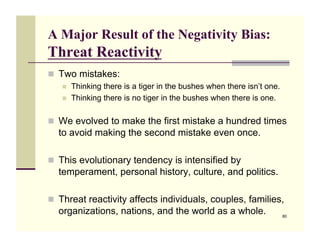 A Major Result of the Negativity Bias:
Threat Reactivity
!! Two mistakes:
   !!   Thinking there is a tiger in the bushes when there isn’t one.
   !!   Thinking there is no tiger in the bushes when there is one.

!! We evolved to make the first mistake a hundred times
  to avoid making the second mistake even once.

!! This evolutionary tendency is intensified by
  temperament, personal history, culture, and politics.

!! Threat reactivity affects individuals, couples, families,
  organizations, nations, and the world as a whole.                     80
 
