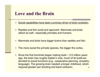Love and the Brain
!! Social capabilities have been a primary driver of brain evolution.


!! Reptiles and fish avoid and approach. Mammals and birds
   attach as well - especially primates and humans.


!! Mammals and birds have bigger brains than reptiles and fish.


!! The more social the primate species, the bigger the cortex.


!! Since the first hominids began making tools ~ 2.5 million years
   ago, the brain has roughly tripled in size, much of its build-out
   devoted to social functions (e.g., cooperative planning, empathy,
   language). The growing brain needed a longer childhood, which
   required greater pair bonding and band cohesion.                  97
 