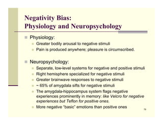 Negativity Bias:
Physiology and Neuropsychology
!! Physiology:
   !!   Greater bodily arousal to negative stimuli
   !!   ...