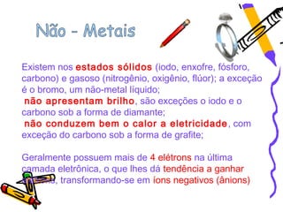 Existem nos estados sólidos (iodo, enxofre, fósforo,
carbono) e gasoso (nitrogênio, oxigênio, flúor); a exceção
é o bromo, um não-metal líquido;
 não apresentam brilho, são exceções o iodo e o
carbono sob a forma de diamante;
 não conduzem bem o calor a eletricidade , com
exceção do carbono sob a forma de grafite;

Geralmente possuem mais de 4 elétrons na última
camada eletrônica, o que lhes dá tendência a ganhar
elétrons, transformando-se em íons negativos (ânions)
 