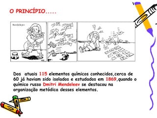 O PRINCÍPIO.....




 Dos atuais 115 elementos químicos conhecidos,cerca de
 60 já haviam sido isolados e estudados em 1869,quando o
 químico russo Dmitri Mendeleev se destacou na
 organização metódica desses elementos.
 