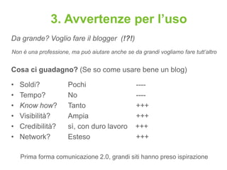 3. Avvertenze per l’uso
Da grande? Voglio fare il blogger (!?!)
Non è una professione, ma può aiutare anche se da grandi vogliamo fare tutt’altro


Cosa ci guadagno? (Se so come usare bene un blog)

•   Soldi?            Pochi                     ----
•   Tempo?            No                        ----
•   Know how?         Tanto                     +++
•   Visibilità?       Ampia                     +++
•   Credibilità?      sì, con duro lavoro       +++
•   Network?          Esteso                    +++

    Prima forma comunicazione 2.0, grandi siti hanno preso ispirazione
 