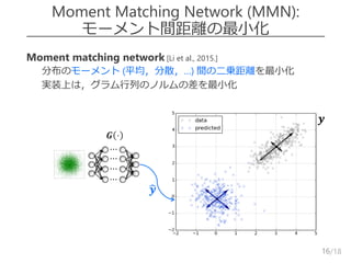 /18
Moment Matching Network (MMN):
モーメント間距離の最小化
 Moment matching network [Li et al., 2015.]
– 分布のモーメント (平均，分散，…) 間の二乗距離を最小化
– 実装上は，グラム行列のノルムの差を最小化
16
𝒚
𝒚
⋯
⋯
⋯
⋯
𝑮 ⋅
 