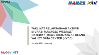 TERHAD
1
TAKLIMAT PELAKSANAAN AKTIVITI
MIGRASI MANAGED INTERNET
GATEWAY (MIG) CYBERJAYA KE KLANG
VALLEY DATA CENTER (KVDC)
16 Julai 2021 (Jumaat)
 