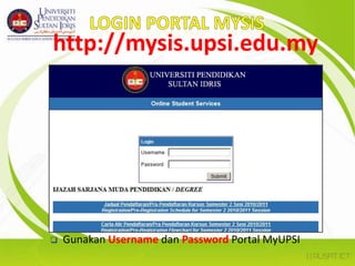 Login Portal mysishttp://mysis.upsi.edu.myGunakan Username dan Password Portal MyUPSIModul Portal mysisJadual Peperiksaan