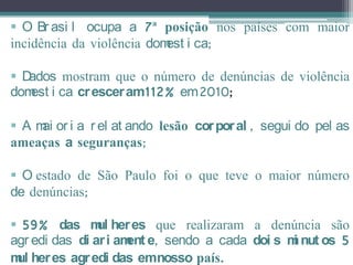  O Br asi l ocupa a 7ª posição nos países com maior
incidência da violência dom i ca;
                           est

Dados mostram que o número de denúncias de violência
dom i ca cr escer am112% em2010;
   est

 A m or i a r el at ando lesão cor por al , segui do pel as
     ai
ameaças a seguranças;

 O estado de São Paulo foi o que teve o maior número
de denúncias;

 59% das m her es que realizaram a denúncia são
                ul
agr edi das di ar i am e, sendo a cada doi s m nut os 5
                      ent                     i
m her es agr edi das emnosso país.
 ul
 