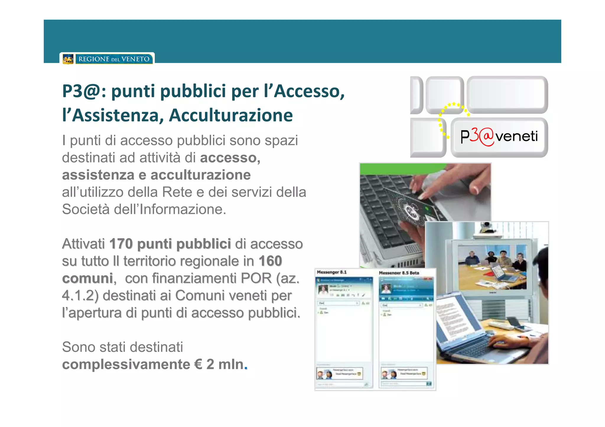 P3@: punti pubblici per l’Accesso,
l’Assistenza, Acculturazione
I punti di accesso pubblici sono spazi
destinati ad attività di accesso,
assistenza e acculturazione
all’utilizzo della Rete e dei servizi della
Società dell’Informazione.

Attivati 170 punti pubblici di accesso
su tutto ll territorio regionale in 160
comuni, con finanziamenti POR (az.
4.1.2) destinati ai Comuni veneti per
l’apertura di punti di accesso pubblici.

Sono stati destinati
complessivamente € 2 mln.
 