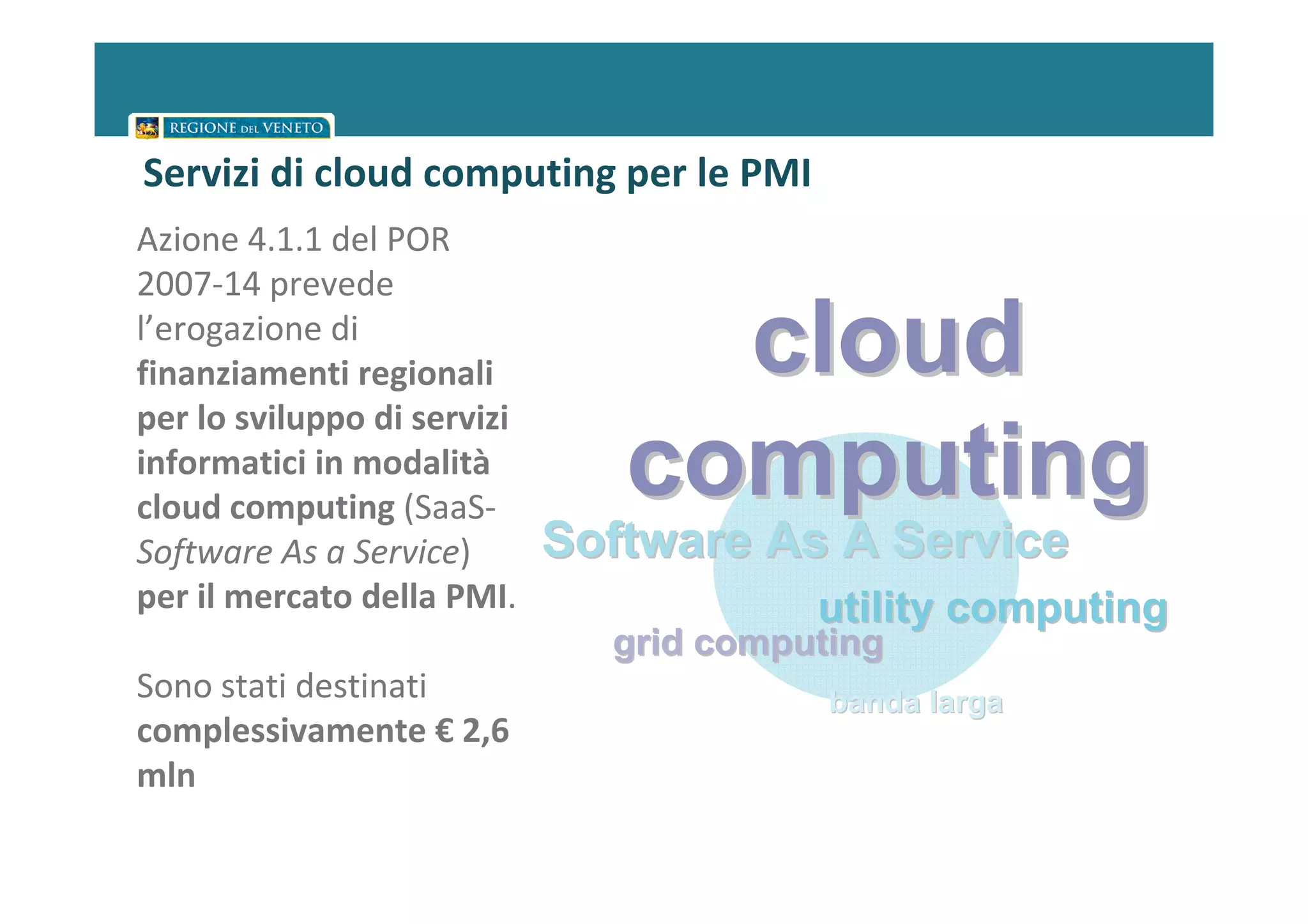 Servizi di cloud computing per le PMI
Azione 4.1.1 del POR
2007-14 prevede
l’erogazione di
finanziamenti regionali           cloud
per lo sviluppo di servizi
informatici in modalità
cloud computing (SaaS-
                                computing
Software As a Service)       Software As A Service
per il mercato della PMI.                utility computing
                               grid computing
Sono stati destinati                      banda larga
complessivamente € 2,6
mln
 
