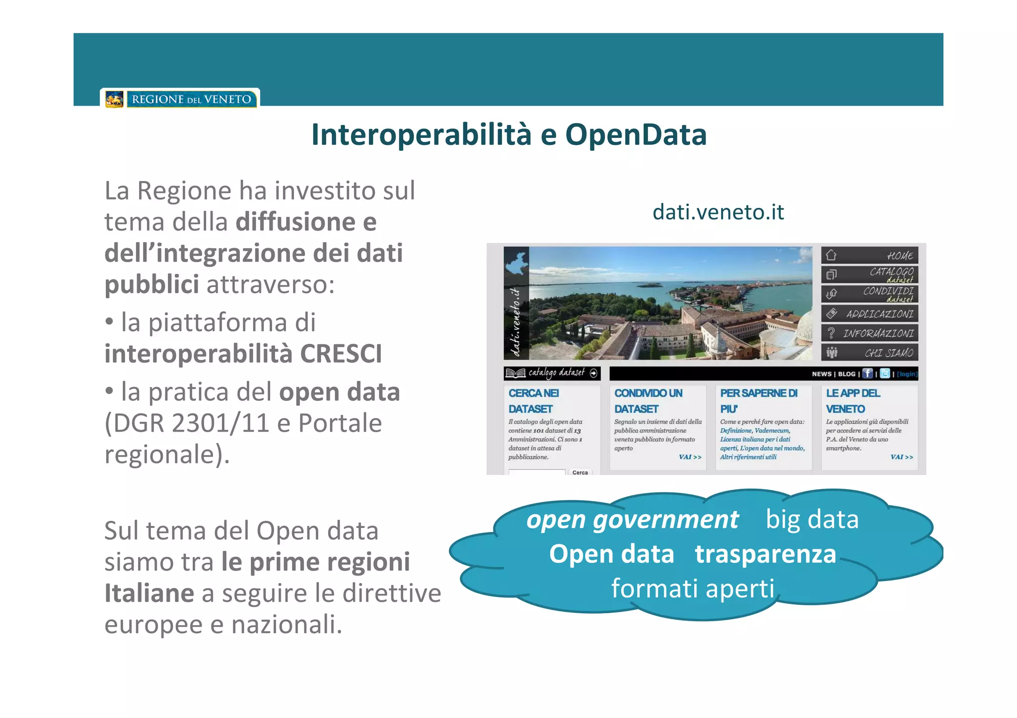 Interoperabilità e OpenData
La Regione ha investito sul
tema della diffusione e                    dati.veneto.it
dell’integrazione dei dati
pubblici attraverso:
• la piattaforma di
interoperabilità CRESCI
• la pratica del open data
(DGR 2301/11 e Portale
regionale).

Sul tema del Open data            open government big data
siamo tra le prime regioni         Open data trasparenza
Italiane a seguire le direttive         formati aperti
europee e nazionali.
 