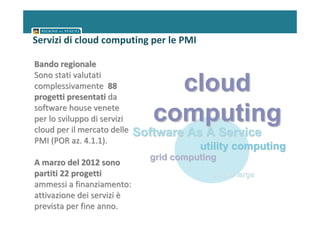 Servizi di cloud computing per le PMI

Bando regionale
Sono stati valutati
complessivamente 88
progetti presentati da
                                  cloud
software house venete
per lo sviluppo di servizi
cloud per il mercato delle
                                computing
                             Software As A Service
PMI (POR az. 4.1.1).
                                         utility computing
                               grid computing
A marzo del 2012 sono
partiti 22 progetti                        banda larga
ammessi a finanziamento:
attivazione dei servizi è
prevista per fine anno.
 