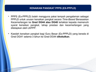 KENAIKAN PANGKAT PPPS (EX-PPPLD)
• PPPS (Ex-PPPLD) boleh mengguna pakai tempoh pengalaman sebagai
PPPLD untuk urusan kenaikan pangkat secara Time-Based Berasaskan
Kecemerlangan ke Gred DG44 atau DG48 tertakluk kepada memenuhi
syarat kenaikan pangkat, tahap prestasi dan kecemerlangan yang
ditetapkan oleh LKPPP.
• Kaedah kenaikan pangkat bagi Guru Besar (Ex-PPPLD) yang berada di
Gred DG41 selama 3 tahun ke Gred DG44 dikekalkan.
 