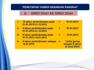 PENETAPAN TARIKH KENAIKAN PANGKAT
i. 10 tahun perkhidmatan pada
01.01.2012-31.12.2012
= 01.01.2012
ii. 9 tahun perkhidmatan pada
01.01.2012-31.12.2012
= 07.01.2012
iii. 8 tahun perkhidmatan pada
01.01.2012-14.01.2012
= 14.01.2012
iv. 8 tahun perkhidmatan selepas
14.01.2012
= Tarikh genap
tempoh 8 tahun
di Gred DG41
D. GRED DG41 KE GRED DG44
 