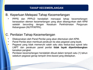 TAHAP KECEMERLANGAN
• PPPS dan PPPLD hendaklah mencapai tahap kecemerlangan
berasaskan elemen kecemerlangan yang akan dibangunkan oleh KPM
setelah berunding dengan Kesatuan Perkhidmatan Perguruan
Kebangsaan (NUTP/KPPK).
B. Keperluan Melepasi Tahap Kecemerlangan
C. Penilaian Tahap Kecemerlangan
• Dilaksanakan oleh Panel Penilai yang akan ditentukan oleh KPM.
• Panel Penilai akan membuat perakuan ke atas pegawai yang layak.
• Pegawai yang tidak memenuhi salah satu atau kedua-dua syarat iaitu
LNPT dan perakuan panel penilai tidak layak dipertimbangkan
kenaikan pangkat.
• Penilaian kecemerlangan hendaklah dibuat dalam tempoh satu (1) tahun
sebelum pegawai genap tempoh time-based yang ditetapkan.
 