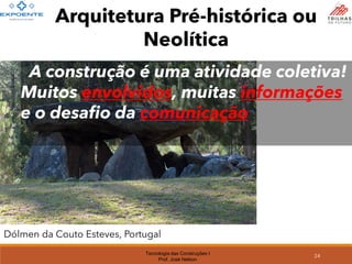 Tecnologia das Construções I
Prof. José Nelson
Dólmen da Couto Esteves, Portugal
Arquitetura Pré-histórica ou
Neolítica
A construção é uma atividade coletiva!
Muitos envolvidos, muitas informações
e o desafio da comunicação
24
 