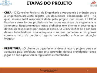 Tecnologia das Construções I
Prof. José Nelson
◦ CREA – O Conselho Regional de Engenharia e Agronomia é o órgão onde
o engenheiro/arquiteto registra um documento denominado ART – no
qual, assume total responsabilidade pelo projeto que assina. O CREA
fiscaliza a atuação dos profissionais formados nas áreas de engenharia, e
agronomia. Regulamentadas, essas profissões têm direitos e deveres que
devem ser respeitados por quem as exerce. O CREA verifica se a conduta
desses trabalhadores está adequada – os que cometem erros graves
correm o risco de perder o registro no conselho e ficar em situação
irregular
◦ PREFEITURA – O cliente ou o profissional deverá levar o projeto para ser
aprovado pela prefeitura, caso seja aprovado, deverá providenciar cinco
jogos de cópia para serem registrados e carimbados
ETAPAS DO PROJETO
33
 
