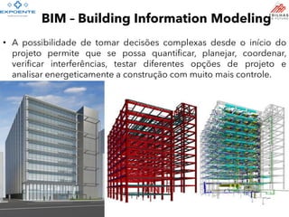 Tecnologia das Construções I
Prof. José Nelson
• A possibilidade de tomar decisões complexas desde o início do
projeto permite que se possa quantificar, planejar, coordenar,
verificar interferências, testar diferentes opções de projeto e
analisar energeticamente a construção com muito mais controle.
53
BIM – Building Information Modeling
 