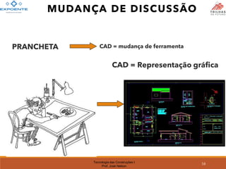 Tecnologia das Construções I
Prof. José Nelson
58
MUDANÇA DE DISCUSSÃO
PRANCHETA
CAD = Representação gráfica
CAD = mudança de ferramenta
 