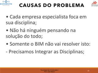 Tecnologia das Construções I
Prof. José Nelson
66
CAUSAS DO PROBLEMA
• Cada empresa especialista foca em
sua disciplina;
• Não há ninguém pensando na
solução do todo;
• Somente o BIM não vai resolver isto:
- Precisamos Integrar as Disciplinas;
 