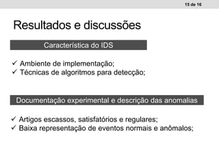 Resultados e discussões
15 de 16
Característica do IDS
 Ambiente de implementação;
 Técnicas de algoritmos para detecção;
Documentação experimental e descrição das anomalias
 Artigos escassos, satisfatórios e regulares;
 Baixa representação de eventos normais e anômalos;
 