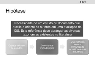 Hipótese
6 de 16
Necessidade de um estudo ou documento que
auxilie e oriente os autores em uma avaliação de
IDS. Este referência deve abranger as diversas
taxonomias existentes na literatura
Grande volume
de estudos
Diversidade
metodológica
Divergências
entre a
comunidade
acadêmica e as
industrias
 