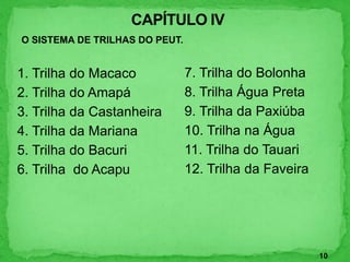 1. Trilha do Macaco
2. Trilha do Amapá
3. Trilha da Castanheira
4. Trilha da Mariana
5. Trilha do Bacuri
6. Trilha do Acapu
7. Trilha do Bolonha
8. Trilha Água Preta
9. Trilha da Paxiúba
10. Trilha na Água
11. Trilha do Tauari
12. Trilha da Faveira
10
O SISTEMA DE TRILHAS DO PEUT.
 