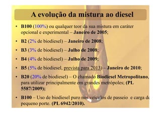 A evolução da mistura ao diesel
• B100 (100%) ou qualquer teor da sua mistura em caráter
  opcional e experimental – Janeiro de 2005;
• B2 (2% de biodiesel) – Janeiro de 2008;
• B3 (3% de biodiesel) – Julho de 2008;
• B4 (4% de biodiesel) – Julho de 2009;
• B5 (5% de biodiesel, prevista para 2013) – Janeiro de 2010;
• B20 (20% de biodiesel) – O chamado Biodiesel Metropolitano,
  para utilizar principalmente em grandes metrópoles; (PL
  5587/2009);
• B100 – Uso de biodiesel puro nos veículos de passeio e carga de
  pequeno porte. (PL 6942/2010).
 