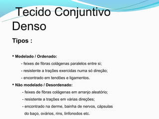 Tecido Conjuntivo
Denso
Tipos :

 Modelado / Ordenado:
    - feixes de fibras colágenas paralelos entre si;
    - resistente a trações exercidas numa só direção;
    - encontrado em tendões e ligamentos.
 Não modelado / Desordenado:
    - feixes de fibras colágenas em arranjo aleatório;
    - resistente a trações em várias direções;
    - encontrado na derme, bainha de nervos, cápsulas
      do baço, ovários, rins, linfonodos etc.
 