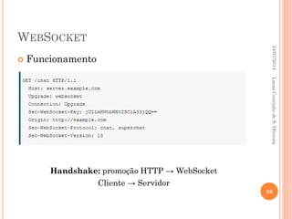WEBSOCKET
 Funcionamento
Handshake: promoção HTTP → WebSocket
Cliente → Servidor
24/07/2014
38
LucasCoutinhodeS.Oliveira
 