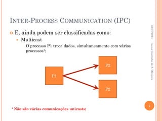INTER-PROCESS COMMUNICATION (IPC)
 E, ainda podem ser classificadas como:
 Multicast
O processo P1 troca dados, simultaneamente com vários
processos¹;
¹ Não são várias comunicações unicasts;
23/07/2014
7
LucasCoutinhodeS.Oliveira
P1
P2
P2
 