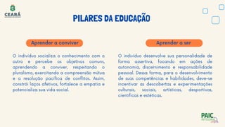 Aprender a conviver
PILARES DA EDUCAÇÃO
O indivíduo socializa o conhecimento com o
outro e percebe os objetivos comuns,
aprendendo a conviver, respeitando o
pluralismo, exercitando a compreensão mútua
e a resolução pacífica de conflitos. Assim,
constrói laços afetivos, fortalece a empatia e
potencializa sua vida social.
O indivíduo desenvolve sua personalidade de
forma assertiva, focando em ações de
autonomia, discernimento e responsabilidade
pessoal. Dessa forma, para o desenvolvimento
de suas competências e habilidades, deve-se
incentivar as descobertas e experimentações
culturais, sociais, artísticas, desportivas,
científicas e estéticas.
Aprender a ser
 